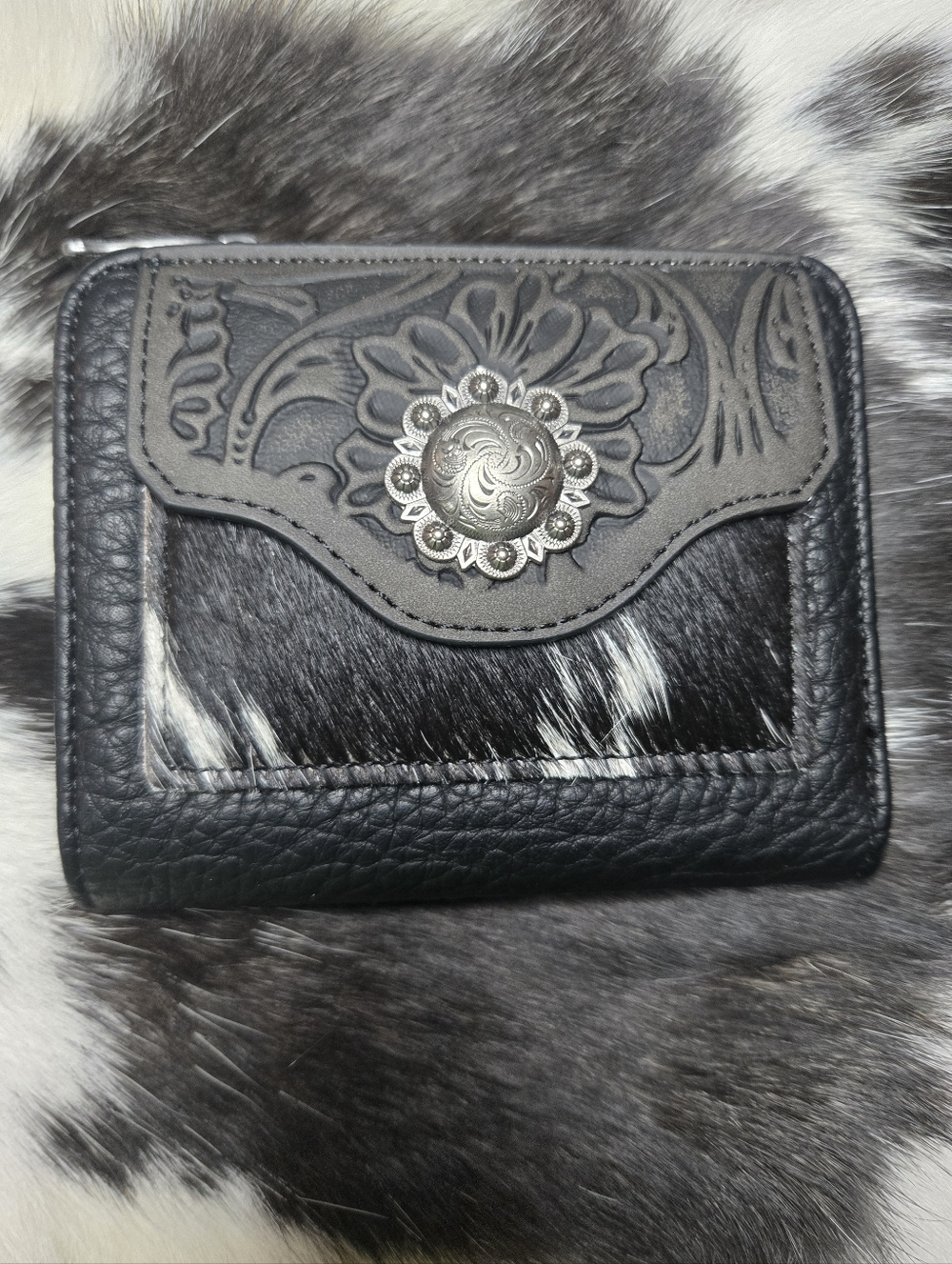 Trinity Ranch Black Tooled Leather Wallet with Hair-On Hide and Concho NWT